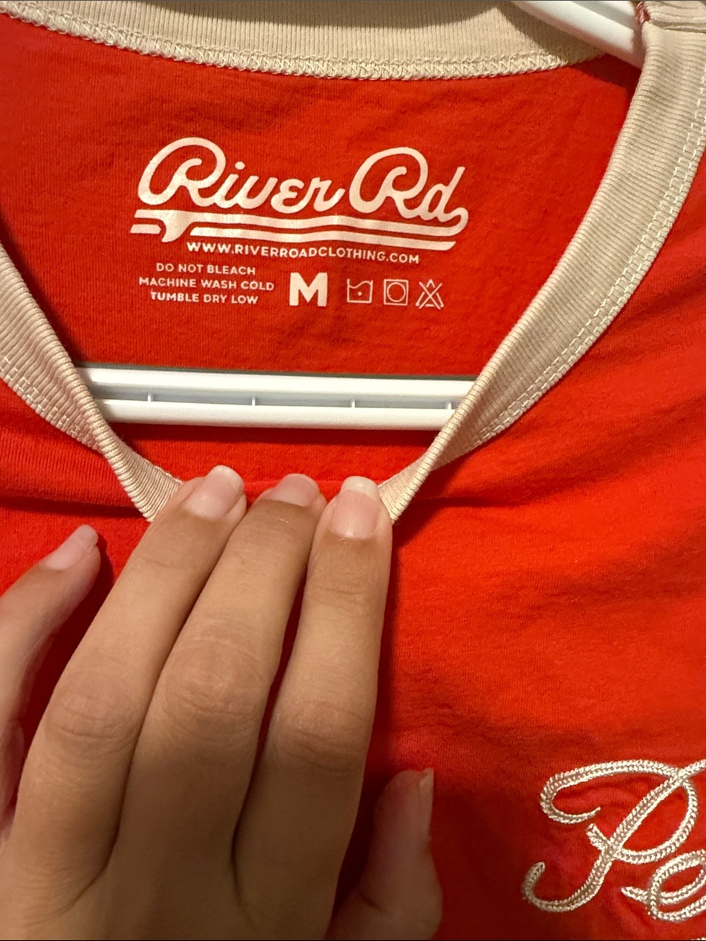 River Rd Pearl Script Red Ringer Tee with Cream Trim - Picture 2 of 4